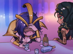  2girls black_hair blush bottle braid breasts cleavage dark-skinned_female dark_skin glass green_eyes hair_over_shoulder hand_up korean_commentary large_breasts league_of_legends leblanc_(league_of_legends) medium_hair multiple_girls phantom_ix_row purple_hair samira shiny_skin single_braid sweat 