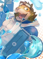  abs absurd_res anthro barrel_(live_a_hero) canid canine canis countershading eyewear goggles hi_res kukku_kuu lifewonders live_a_hero male mammal muscular muscular_anthro muscular_male pecs solo superhero toy toy_gun water_gun wolf 