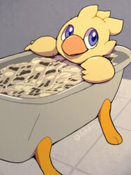  2022 3:4 ambiguous_gender avian banknote bathing bathtub beak big_eyes bird blue_eyes boke_(artist) chocobo chocobo_gp claw_foot_bathtub digital_media_(artwork) feathers feral final_fantasy humor meme money solo square_enix yellow_body yellow_feathers 