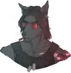  anthro black_hair black_nose canid canine canis cigarette cybernetic_arm cybernetic_limb cybernetics cyberpunk cyberpunk_2077 dog_tags ear_piercing eyewear fur grey_body grey_fur hair hi_res johnny_silverhand_(cyberpunk_2077) keanu_reeves long_hair machine male mammal piercing scar serious sfinx signature simple_background smoking solo sunglasses white_background wolf 