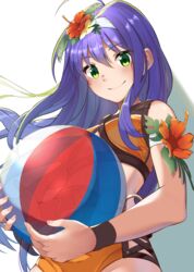  ball beachball bikini blue_hair closed_mouth commentary commentary_request female fire_emblem fire_emblem:_radiant_dawn fire_emblem_heroes flower green_eyes hair_flower hair_ornament hairband highres holding long_hair mia_(fire_emblem) mia_(summer)_(fire_emblem) orange_bikini panda_inu simple_background smile solo swimsuit upper_body white_hairband 