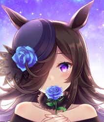  animal_ears bare_shoulders black_hair black_hat blue_flower blue_rose blush collarbone commentary_request covered_mouth dress female flower hair_over_one_eye hands_up hat hat_flower highres holding holding_flower horse_ears horse_girl long_hair looking_at_viewer off-shoulder_dress off_shoulder own_hands_together purple_eyes rice_shower_(umamusume) rose solo suzumia_(daydream) tilted_headwear umamusume upper_body 