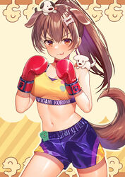  2022 ambiguous_gender animal_humanoid bottomwear boxing_gloves breasts brown_body brown_ears brown_fur brown_hair brown_tail canid canid_humanoid canine canine_humanoid clothed clothing dog_humanoid eyebrows female feral fur hair handwear hololive humanoid inugami_korone kibanndagohann larger_female larger_humanoid looking_at_viewer mammal mammal_humanoid midriff navel red_boxing_gloves red_clothing red_handwear shorts size_difference smaller_ambiguous smaller_feral solo tail topwear vtuber 