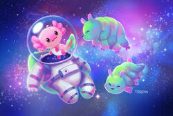  2021 alien ambiguous_gender amphibian antennae_(anatomy) axolotl better_version_at_source black_eyes black_nose bubble digital_media_(artwork) feral freckles green_body green_skin group marine mole_salamander multi_leg multi_limb pink_body pink_skin salamander_(amphibian) smile space spacesuit trio tsaoshin water 