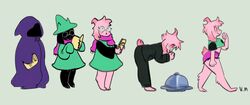  anthro bimbofication black_body black_fur book bottomwear bovid caprine clothing crop_top darkner debimbofication_meme deltarune eyelashes eyewear femboy fur glasses goat hat headgear headwear hi_res hood horn male mammal meme obscured_face pink_horn ralsei robe scarf shirt shorts simple_background solo suit topwear transformation undertale_(series) v_rawr white_body white_fur 