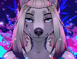  2021 anthro black_nose blue_eyes bust_portrait canid canine digital_media_(artwork) eyebrows eyelashes female fur hair koul_fardreamer looking_at_viewer mammal portrait smile smileeeeeee solo 