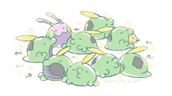  berry_(pokemon) closed_mouth commentary_request eating goomy grass gulpin mouth_hold no_humans odd_one_out open_mouth pokemon pokemon_(creature) sitrus_berry tsuruta_saya 