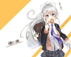  backpack bad_id bad_pixiv_id bag blazer blush character_name commentary_request female food_in_mouth grey_hair grey_skirt higuchi_kaede higuchi_kaede_(1st_costume) hikari_yui jacket long_hair long_sleeves mole mole_under_eye necktie nijisanji open_clothes open_jacket plaid plaid_skirt ponytail purple_eyes purple_necktie school_uniform skirt solo twitter_username two-tone_background upper_body virtual_youtuber white_background yellow_background 