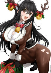  animal_costume antlers bell black_hair bodysuit bow breasts brown_eyes chamumi_(mochiumee) chikuma_(christmas_mode)_(kancolle) chikuma_(kancolle) cowbell deer_tail female hair_between_eyes horns kantai_collection large_breasts long_hair looking_at_viewer open_mouth reindeer_antlers reindeer_costume simple_background smile tail white_background 