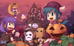  2boys 3girls :d animal_on_head assassin_cross_(ragnarok_online) bag_on_head black_cat black_gloves black_leotard black_shorts blonde_hair blue_eyes blue_hair blue_thighhighs blunt_bangs boots breasts brown_gloves brown_jacket brown_mittens brown_shirt brown_skirt capelet cat_on_head closed_eyes cloud cloudy_sky copyright_notice cowboy_shot dagger elbow_gloves fake_horns feline ghost ghost_mask gloves grey_shirt halloween helmet high_ponytail highres holding holding_dagger holding_knife holding_pumpkin holding_weapon horned_helmet horns house jack-o&#039;-lantern jacket knife leotard logo loli_ruri long_hair long_sleeves looking_at_another looking_to_the_side low_ponytail lude_(ragnarok_online) medium_breasts medium_hair merchant_(ragnarok_online) mittens multiple_boys multiple_girls navel official_art official_wallpaper on_head open_mouth pink_sky pointy_ears pumpkin purple_eyes purple_hair ragnarok_online red_thighhighs revealing_clothes scarf shirt shorts shrug_(clothing) skirt sky smile striped_clothes striped_thighhighs swordsman_(ragnarok_online) tabard thief_(ragnarok_online) thighhighs torn_clothes torn_scarf tree triangular_headpiece v-shaped_eyebrows vambraces weapon whisper_(ragnarok_online) white_capelet white_footwear white_shirt white_tabard yuichirou 