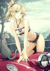  arm_support bandeau bare_arms bare_legs bare_shoulders blonde_hair breasts car chevrolet chevrolet_corvette chevrolet_corvette_c1 cutoffs denim denim_shorts fate/apocrypha fate/grand_order fate_(series) feline female green_eyes hair_ornament hair_scrunchie head_tilt jewelry konoe_ototsugu leaning_forward micro_shorts midriff mordred_(fate) mordred_(fate/apocrypha) mordred_(memories_at_trifas)_(fate) motor_vehicle navel necklace official_art on_vehicle outdoors parted_lips ponytail red_scrunchie revealing_clothes scrunchie short_hair short_ponytail shorts small_breasts stomach thighs tree 