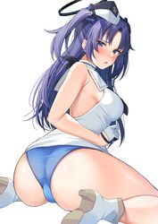  armpit_crease ass bare_arms bare_shoulders blue_archive blue_eyes blue_hair blue_panties boots breasts choker embarrassed female from_behind frown gloves hair_ornament halo hat highres large_breasts looking_at_viewer looking_back mechanical_halo no_pants open_mouth panties parted_bangs sailor_collar sailor_hat shirt simple_background sitting sleeveless sleeveless_shirt solo super_nagoyaka thighs trefoil twisted_torso two_side_up underwear virtual_youtuber wariza white_background white_choker white_footwear white_gloves white_hat white_shirt yuuka_(blue_archive) 