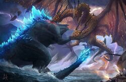  battle bioluminescence chipyray claws cloud commentary creature crossover deviljho dinosaur dragon electricity english_commentary fangs fusion giant giant_monster glowing glowing_eyes glowing_mouth glowing_wings godzilla godzilla:_king_of_the_monsters godzilla_(2014) godzilla_(monsterverse) godzilla_(series) gold_skin horns kaijuu king_ghidorah king_ghidorah_(monsterverse) large_wings lightning monster monster_hunter:_world monster_hunter_(series) monsterverse multiple_heads multiple_tails no_humans open_mouth safi&#039;jiiva scales sharp_teeth sky slit_pupils spikes spines tail teeth wings xeno&#039;jiiva yellow_eyes 