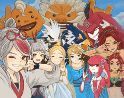  6+boys 6+girls \m/ bird_boy blonde_hair champion&#039;s_tunic_(zelda) colored_skin commentary_request daruk fingerless_gloves fish_girl furry furry_male gerudo glasses gloves goron grey_hair group_picture hyrule_warriors:_age_of_calamity impa link maya_(mayamayammy) mipha monster_boy monster_girl multiple_boys multiple_girls open_mouth princess_zelda purah red-framed_eyewear red_hair red_skin revali riju rito round_eyewear sheikah sidon smile teba_(zelda) the_legend_of_zelda the_legend_of_zelda:_breath_of_the_wild urbosa white_hair yunobo zora 