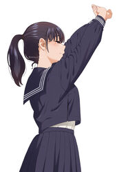  arms_up artist_name black_hair black_sailor_collar black_serafuku black_shirt black_skirt blouse breasts closed_eyes closed_mouth female from_side long_hair mattaku_mousuke medium_breasts original outstretched_arms own_hands_together pleated_skirt ponytail profile sailor_collar school_uniform serafuku shirt simple_background skirt solo standing stretching undershirt undershirt_peek watermark white_background 