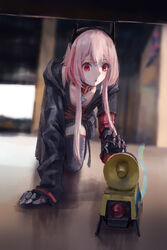  :o all_fours banana_(girls&#039;_frontline) black_hoodie character_name commentary female flat_chest girls&#039;_frontline headset highres hood hood_down hoodie indoors long_hair m4_sopmod_ii_(girls&#039;_frontline) m4_sopmod_ii_(mod3)_(girls&#039;_frontline) mechanical_arms multicolored_hair non-humanoid_robot pink_hair red_eyes red_hair robot sidelocks solo streaked_hair thighhighs viscum 