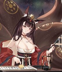  &gt;_&lt; akagi_(azur_lane) akagi_(dawn_phoenix&#039;s_summons)_(azur_lane) animal_ear_fluff animal_ears azur_lane bare_shoulders book breasts brown_dress brown_hair brown_tail chinese_clothes cleavage dress female full_moon hanging_scroll highres holding holding_brush indoors japanese_clothes kimono kitsune kyuubi large_breasts long_hair looking_at_viewer manjuu_(azur_lane) moon multiple_tails night night_sky official_alternate_costume open_clothes open_kimono orange_eyes red_kimono red_nails sabou_san-shitsu_kokoro scroll sky solo tail tail_ornament 