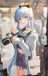  absurdres alternate_costume artist_name black_jacket blue_eyes blue_hair blue_shorts blunt_bangs blunt_tresses blurry blush camera closed_mouth commentary copyright_name cowboy_shot cropped_shirt depth_of_field female genshin_impact hair_ornament hands_up highres holding holding_camera hood hooded_jacket jacket jewelry kamisato_ayaka light_blue_hair long_hair long_sleeves looking_at_viewer necklace open_clothes open_jacket photo_background ponytail sa&#039;yuki shorts sleeves_past_wrists solo standing tassel tassel_hair_ornament very_long_hair white_bag white_jacket 