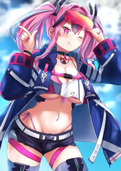  ;q adjusting_eyewear amano_kusatsu azur_lane belt bikini bikini_under_clothes black_choker black_shorts blue_jacket blue_sky blue_thighhighs blurry blurry_background blush breasts bremerton_(azur_lane) buckle character_name choker cleavage cloud cloudy_sky collarbone commentary_request cowboy_shot crop_top crop_top_overhang cutoffs day ear_piercing eyewear_on_head female front-tie_bikini_top front-tie_top grey_belt grey_hair groin hair_between_eyes hair_intakes hair_ornament hands_up highleg highleg_bikini highres huge_breasts index_finger_raised jacket large_breasts lifebuoy_ornament long_hair long_sleeves looking_at_viewer midriff mole mole_on_breast mole_under_eye multicolored_hair nail_polish navel navel_piercing one_eye_closed open_clothes open_jacket piercing pink_bikini pink_eyes pink_hair pink_nails red-tinted_eyewear shirt short_shorts shorts side-tie_bikini_bottom sidelocks sky smile snap-fit_buckle solo standing streaked_hair sunglasses swimsuit thigh_strap thighhighs tinted_eyewear tongue tongue_out twintails two-tone_hair two-tone_legwear two-tone_shirt underboob 