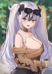  :d absurdres azur_lane bare_shoulders black_bow black_hair black_skirt blue_eyes blurry blurry_background bow bra_strap breasts brown_choker brown_sweater choker cleavage commentary elbe_(azur_lane) elbe_(pure-hearted_bad_girl)_(azur_lane) eyewear_on_head female grey_hair hair_between_eyes hairbow highres large_breasts long_hair long_sleeves looking_at_viewer off-shoulder_sweater off_shoulder official_alternate_costume open_mouth remapack77 skirt smile solo sunglasses sweater two_side_up upper_body very_long_hair 