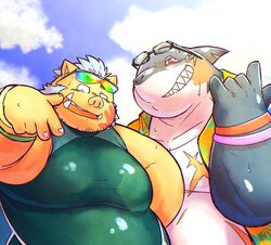  2022 absurd_res anthro belly chi_tiu chiro_(artist) countershading duo eyewear fish ganglie_(tas) grin hi_res lifewonders male mammal marine musclegut muscular overweight overweight_male pecs shark sharp_teeth slap_mark smile suid suina sunglasses sus_(pig) teeth tokyo_afterschool_summoners tusks typhon_(tas) wetsuit wild_boar 