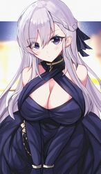  absurdres asymmetrical_bangs azur_lane bare_shoulders belfast_(azur_lane) belfast_(the_noble_attendant)_(azur_lane) black_dress black_ribbon blush braid breasts chains choker cleavage criss-cross_halter dress expressionless female grey_hair hair_ribbon halter_dress halterneck highres large_breasts long_hair looking_at_viewer misonikomi ribbon solo upper_body 