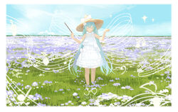  bare_arms bare_shoulders bass_clef beamed_sixteenth_notes blue_hair blue_sky bow brown_hat closed_eyes closed_mouth cloud commentary_request conductor_baton day dress eighth_note facing_viewer female field flower flower_field frilled_dress frills grass hair_flower hair_ornament hands_up hat hat_bow hatsune_miku highres holding holding_wand horizon linfi-muu long_hair meadow music musical_note nature outdoors purple_flower revision rose sky sleeveless sleeveless_dress smile solo sparkle staff_(music) standing straw_hat sun_hat sundress thank_you treble_clef twintails very_long_hair vocaloid wand white_bow white_dress white_flower white_rose wide_shot witch_hat 