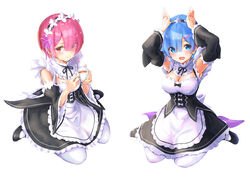  2girls apron armpits black_bow black_footwear black_ribbon black_skirt black_sleeves blue_eyes blue_hair blunt_bangs bob_cut bow breasts cleavage cup detached_collar detached_sleeves flower frilled_apron frilled_skirt frills full_body hair_between_eyes hair_flower hair_ornament hair_ribbon head_wreath holding holding_cup long_sleeves looking_at_viewer miniskirt multiple_girls neck_ribbon pantyhose photoshop_(medium) pink_hair purple_ribbon ram_(re:zero) re:zero_kara_hajimeru_isekai_seikatsu red_eyes rem_(re:zero) ribbon roswaal_mansion_maid_uniform short_hair siblings simple_background sisters sitting skirt tarunyan teacup underbust waist_apron wariza white_apron white_background white_bow white_flower white_pantyhose wide_sleeves x_hair_ornament 