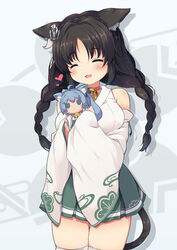  :3 :d ^_^ anchor_hair_ornament animal_ear_fluff animal_ears asashio_(azur_lane) azur_lane bell black_hair blush braid breasts cat_ears cat_girl cat_tail character_doll choker closed_eyes commentary_request crown_braid detached_sleeves doll female green_skirt hair_ornament heart highres holding holding_doll japanese_clothes jingle_bell kimono large_breasts long_hair long_sleeves low_twintails neck_bell nekono_rin ooshio_(azur_lane) open_mouth parted_bangs pleated_skirt red_choker revision sakura_empire_(emblem) skindentation skirt sleeveless sleeveless_kimono sleeves_past_wrists smile solo tail thighhighs twin_braids twintails very_long_hair white_kimono white_sleeves white_thighhighs wide_sleeves 