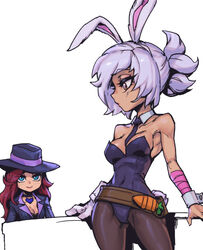  2girls animal_ears bandaged_arm bandages bare_shoulders battle_bunny_riven belt black_choker black_headwear black_necktie breasts brown_belt carrot choker cleavage collarbone covered_navel cowboy_shot crime_city_miss_fortune detached_collar freckles grey_hair heart league_of_legends long_hair looking_at_another miss_fortune_(league_of_legends) multiple_girls necktie pantyhose phantom_ix_row playboy_bunny ponytail rabbit_ears red_hair riven_(league_of_legends) smile standing 