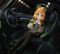  absurdres animal_ear_headphones animal_ears black_footwear black_jacket black_thighhighs blonde_hair blue_archive blue_necktie bow car car_interior car_seat cat_ear_headphones closed_mouth collared_shirt fake_animal_ears feet_out_of_frame female gear_shift glowing green_bow green_eyes green_jacket hairbow halo headphones highres holding holding_phone hood hooded_jacket indoors jacket light_blush long_sleeves looking_at_viewer medium_hair midori_(blue_archive) mini_cooper motor_vehicle multicolored_clothes multicolored_jacket necktie nougat_(73r1r1) open_clothes open_jacket phone right-hand_drive shirt short_necktie signature solo steering_wheel thighhighs white_jacket white_shirt wide_sleeves window 