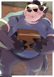  2023 anthro biped black_body black_nose bodily_fluids box clothing container detailed_background generation_6_pokemon hat headgear headwear kemono leaf musclegut muscular nintendo overweight pangoro pokemon pokemon_(species) shirosaru shirt solo sweat topwear white_body 