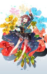  :d absurdres amami_haruka arm_up artist_name barefoot black_skirt blunt_bangs breasts brown_hair buttons character_name commentary double-breasted feathers female floral_background frilled_skirt frills full_body geranium green_eyes green_jacket hair_ornament hair_ribbon highres idolmaster idolmaster_(classic) idolmaster_million_live! idolmaster_million_live!_theater_days jacket long_sleeves looking_at_viewer medium_breasts medium_hair open_mouth outstretched_arm pleated_skirt ribbon skirt smile solo star_(symbol) star_hair_ornament thigh_strap yae_(mono110) 