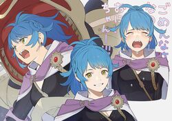  black_bodysuit blue_hair bodysuit cape closed_eyes crying exoskeleton female fire_emblem fire_emblem_heroes hair_behind_ear kyufe looking_at_viewer looking_up multiple_views open_mouth pilot_suit ponytail reginn_(fire_emblem) science_fiction smile tied_hair v-shaped_eyebrows yellow_eyes 