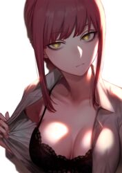  bags_under_eyes black_bra bra breasts chainsaw_man cleavage closed_mouth collared_shirt commentary_request eatora female large_breasts long_hair looking_at_viewer makima_(chainsaw_man) open_clothes open_shirt pink_hair ringed_eyes shirt sidelocks simple_background solo underwear upper_body white_background white_shirt yellow_eyes 