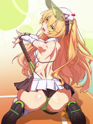  ass azur_lane bache_(azur_lane) bache_(showy_sports_star)_(azur_lane) ball black_panties blonde_hair blush breasts female from_behind highres kneeling long_hair looking_at_viewer looking_back official_alternate_costume panties purple_eyes racket shiny_skin single_thighhigh small_breasts solo sportswear sunglasses tennis_ball tennis_court tennis_dress tennis_racket tennis_uniform thighhighs tinted_eyewear tomoyuki_kotani underwear visor_cap yellow-tinted_eyewear 