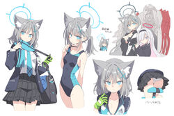  1boy 3girls ahoge animal_ears aqua_necktie aqua_scarf bag balaclava bicycle bicycle_seat black_skirt blue_archive blue_eyes blue_jacket blue_one-piece_swimsuit breasts cleavage collarbone commentary competition_swimsuit covered_navel cross_hair_ornament cycling_uniform gloves green_gloves grey_hair hair_ornament halo heart_hands_failure highres jacket large_breasts long_sleeves looking_at_viewer medium_hair mismatched_pupils multiple_girls multiple_views necktie official_alternate_costume one-piece_swimsuit panties pantyshot phrenapates_(blue_archive) plaid plaid_skirt plana_(blue_archive) pleated_skirt satou_kibi scarf school_bag shiroko_(blue_archive) shiroko_(cycling)_(blue_archive) shiroko_(swimsuit)_(blue_archive) shiroko_terror_(blue_archive) shirt sidelocks single_glove skirt small_breasts sweat swimsuit thumbs_up translation_request underwear white_panties white_shirt wolf_ears 