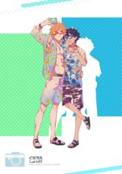  2boys absurdres black_hair commentary_request fate/grand_order fate_(series) floral_print fujimaru_ritsuka_(male) fujimaru_ritsuka_(male)_(tropical_summer) hair_over_one_eye hibiscus_print highres hood hoodie jacket leaf_print long_sleeves male_focus male_swimwear multiple_boys official_alternate_costume open_clothes open_mouth orange_hair robin_hood_(fate) robin_hood_(summer_hunter)_(fate) short_hair smile swim_trunks swimsuit tuze111 