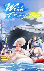  3girls absurdres afloat aircraft aircraft_carrier airplane alternate_costume anniversary azur_lane behalter bikini blue_eyes blue_hair blue_sky bracelet breasts casual_one-piece_swimsuit cleavage cloud cloudy_sky collarbone commentary day drinking_straw english_commentary english_text eyewear_on_head goggles goggles_on_head halterneck hand_up hat highres hornet-chan_(carriercon) innertube jewelry large_breasts long_hair long_sleeves looking_at_viewer military_vehicle multiple_girls new_jersey_(azur_lane) new_jersey_(midsummer_leisure)_(azur_lane) o-ring official_alternate_costume official_art one-piece_swimsuit original outdoors parted_lips partially_submerged personification ponytail purple_eyes real_world_location richelieu_(azur_lane) richelieu_(fleuron_of_the_waves)_(azur_lane) sbd_dauntless ship sky smile sun_hat sunglasses swim_ring swimsuit thermos thigh_strap uss_hornet_(cv-12) v warship water watercraft wet 