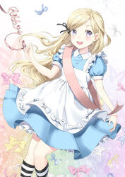  alice_(alice_in_wonderland) alice_in_wonderland arm_up blonde_hair blue_dress blue_eyes butterfly_background dress feet_out_of_frame female hair_ribbon kneehighs layered_dress light_blush long_hair looking_at_viewer multicolored_background open_mouth original petticoat pinafore_dress puffy_short_sleeves puffy_sleeves ribbon sash short_sleeves shoulder_sash sleeveless sleeveless_dress smile socks solo string string_of_fate striped_clothes striped_socks teeth unya_(unya-unya) upper_teeth_only very_long_hair 