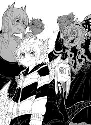  2girls 4boys @_@ absurdres albert_(mazohaha) black_tail breasts demon_horns demon_tail demon_wings drake_(mazohaha) family father_and_son formal gloves gospel_(mazohaha) goth_fashion gothic_lolita greyscale highres horns huge_breasts jacket lolita_fashion lorem_(mazohaha) monochrome mother_and_son multiple_boys multiple_girls musuko_ga_kawaikute_shikatanai_mazoku_no_hahaoya nightmare_(mazohaha) rivalry sharp_teeth sieg_(mazohaha) smile spoilers tail teeth tongue tongue_out white_background white_wings wings zyugoya 