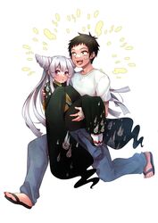  1boy :d ayashimon bandages black_hair black_kimono brown_eyes carrying denim drill_hair female grey_hair hair_horns happy highres japanese_clothes kaido_maruo kalanchoe_xxxx kimono long_hair open_mouth pink_eyes princess_carry red_eyes running sandals sharp_teeth shirt short_hair simple_background smile socks straight t-shirt teeth thick_eyebrows urara_(ayashimon) white_background white_shirt white_socks wide_sleeves 