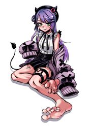  absurdres bare_shoulders barefoot breasts cardigan demon_tail feet female frills ga320aaa green_eyes hair_bun hair_ornament hairclip heart_o-ring highres hololive jirai_kei legs long_hair looking_at_viewer nail_polish o-ring o-ring_thigh_strap off_shoulder piercing purple_hair purple_lips purple_nails simple_background single_hair_bun sitting sleeves_past_wrists smile soles solo spread_toes tail tail_ornament tail_piercing tattoo thigh_strap toenail_polish toenails toes tokoyami_towa tokoyami_towa_(jirai_kei) virtual_youtuber yokozuwari 