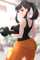  absurdres bare_shoulders black_gloves black_hair black_tank_top blurry blurry_background breasts dumbbell en&#039;en_no_shouboutai female fingerless_gloves firefighter from_behind gloves gym high_ponytail highres large_breasts maki_oze muscular muscular_female orange_pants pants purple_eyes sakotach sidelocks solo sweat tank_top 