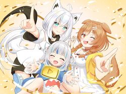  3girls animal_ears blush bone_hair_ornament commentary confetti dog_ears dog_tail dutch_angle fox_ears fox_girl fox_tail gawr_gura gawr_gura_(1st_costume) gold_creator_award hair_ornament highres holding_hands hololive hololive_english index_finger_raised interlocked_fingers inugami_korone inugami_korone_(1st_costume) long_hair looking_at_viewer mizuhi_kou multiple_girls pointing pointing_at_viewer shirakami_fubuki shirakami_fubuki_(1st_costume) smile tail virtual_youtuber youtube youtube_creator_award youtube_logo 