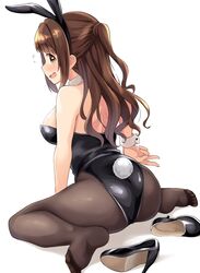  animal_ears ass back bare_shoulders black_footwear black_leotard black_pantyhose blush breasts brown_hair commentary_request dekosuke detached_collar fake_animal_ears fake_tail female flying_sweatdrops high_heels highres idolmaster idolmaster_cinderella_girls leotard long_hair medium_breasts on_floor one_side_up pantyhose playboy_bunny rabbit_ears rabbit_tail shimamura_uzuki sidelocks sitting smile solo tail v wariza wavy_hair white_background wrist_cuffs yellow_eyes 