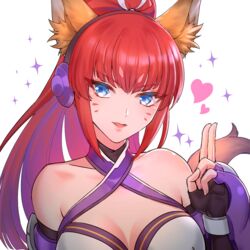  animal_ears black_gloves blue_eyes breasts cleavage_cutout clothing_cutout facial_mark female fingerless_gloves fox_ears fox_girl gloves headphones heart mel6969 open_mouth ponytail purple_headphones red_hair rin_(show_by_rock!!) shirt show_by_rock!! smile solo white_background white_shirt 