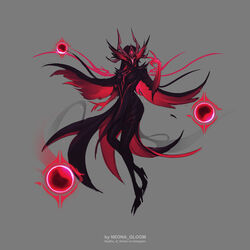  absurdres black_hair colored_skin female full_body grey_background hand_up high_heels highres horns league_of_legends long_hair looking_at_viewer multicolored_hair neona_gloom pants red_eyes red_hair red_skin simple_background solo syndra two-tone_hair web_address 