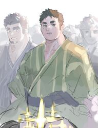  2boys bara blush character_request crave_saga crowd drooling facial_hair glowing_crotch goatee green_kimono highres japanese_clothes kimono long_sideburns looking_at_crotch looking_at_penis male_focus multiple_boys neumo pectoral_cleavage pectorals protagonist_(crave_saga) shmiel_(crave_saga) short_hair sideburns solo_focus sparkling_aura thick_eyebrows yaoi 