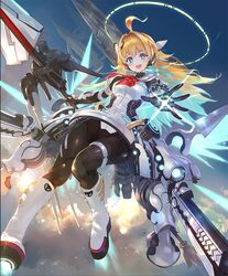  +_+ :d ahoge aircraft airship android blonde_hair blue_eyes cloud cloudy_sky female from_below hair_intakes halo headset lance long_hair looking_at_viewer looking_down mecha_musume mechanical_wings oerba_yun_fang official_art open_mouth polearm ponzu_(catponz) ralmia_sonic_racer rocket_boots shadowverse skin_fang sky smile solo thrusters weapon wings 